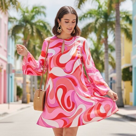 Tuckernuck Dresses & Skirts - Hyacinth House Mitzi Mini Dress Pink Geo XL NWT Bell Sleeve